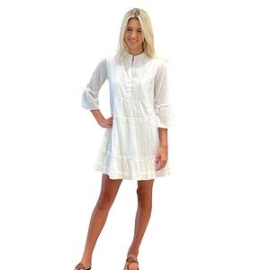 Liza Byrd Makayla White and Gold Cotton Gauze Tiered Dress NWT